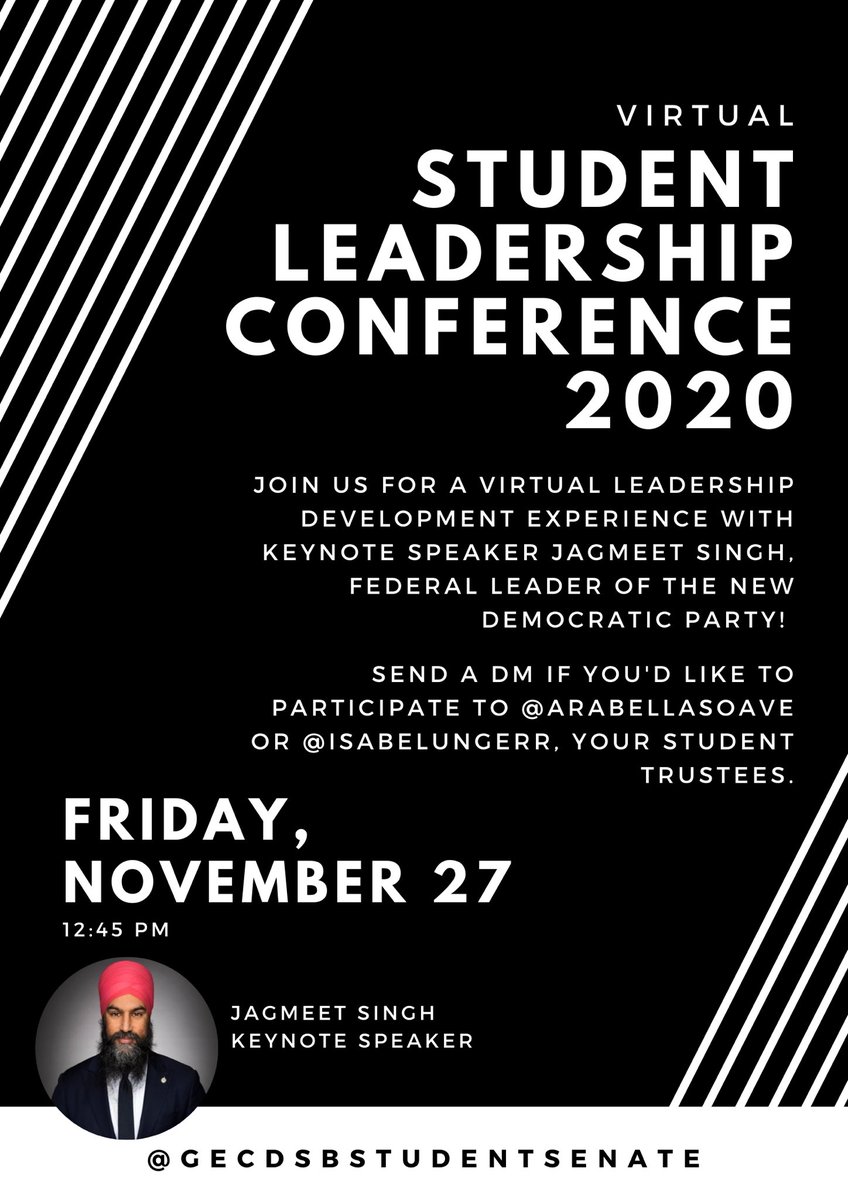 We encourage all student leaders to join us on Friday, November 27, for a fantastic leadership development opportunity! Keynote speaker Jagmeet Singh, federal leader of the New Democratic Party, will be sharing! If you'd like to join, send us an email or message on Instagram!
