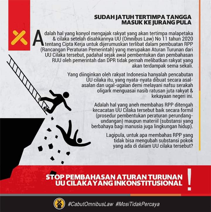 unang_sunarno's tweet photo. Di saat Omnibus Law sdh di teken oleh Mr.Presiden, lalu dilanjutkan dg pembuatan aturan turunan. Ini pola yg sama, seolah-olah tlh melibatkan masyarakat. Padahal ZOONK!

#CabutOmnibuslaw 
#JegalSampaiGagal
#ReformasiDiKorupsi 
#MosiTidakPercaya
@KasbiIndo
@FraksiRakyatID 
@FsbnK https://t.co/gvR4V7G89q