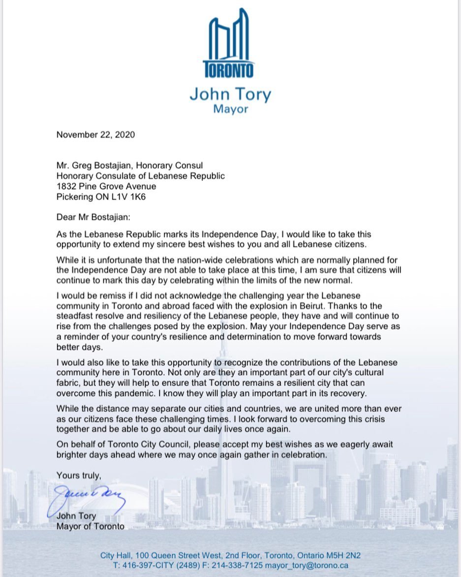 LebaneseToronto's tweet photo. he Lebanese Consulate of Toronto would like to sincerely thank Mayor John Tory for the support and best wishes he has shared with our community as we celebrate Lebanon's 77th independence day. Thank you. 
@JohnTory https://t.co/K1WxGBxcO5