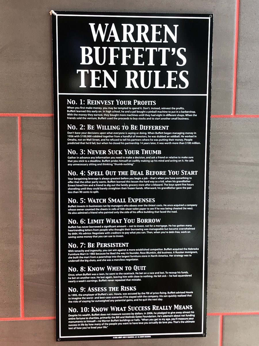 TWaschenfelder's tweet image. Warren Buffett's Ten Rules - A THREAD

#1. Reinvest your profits.

When you first make money, you may be tempted to spend it. Don't. Instead, reinvest the profits.

Buffett learned this early. He bought pinball machines to put in barbershops, then used those profits to buy stocks