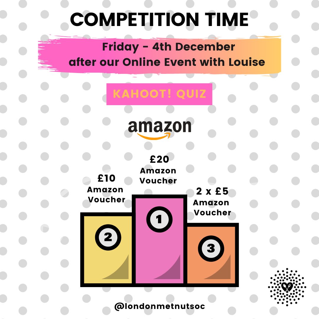 Londonmetnutsoc's tweet photo. 🔥COMPETITION TIME🔥
We’re extremely excited to announce our 1st Competition - a Kahoot!
🤩You have the chance to win an Amazon Voucher:
1st Place - £20
2nd Place - £10 
3rd Place - 2 x £5
Head over to our IG Page @londonmetnutsoc for more info.
Best of luck!
#londonmetnutsoc https://t.co/j7fcZmtoSs