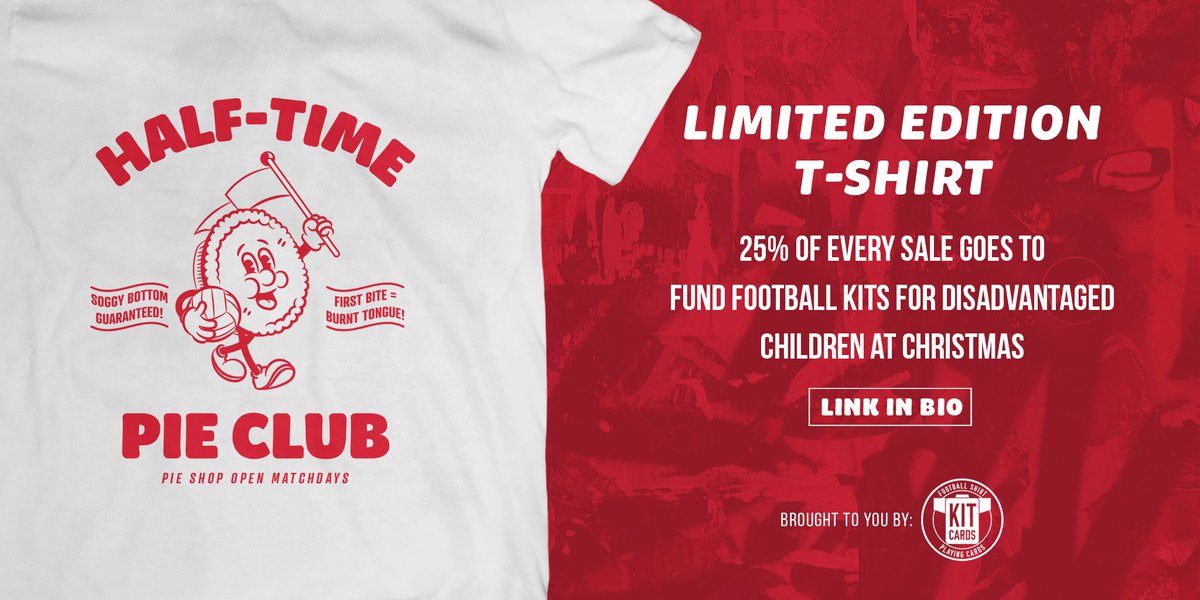 luckystellaHQ's tweet photo. WOW!!! Thank you to everyone who has already bought the #halftimepieclub t-shirt! Remember, this is only an edition of x100 so if you'd like one be quick (link in bio!) 25% of each sale goes to Kitmas who are buying football kits for disadvantaged children at Christmas. https://t.co/bhyVw2hx2c