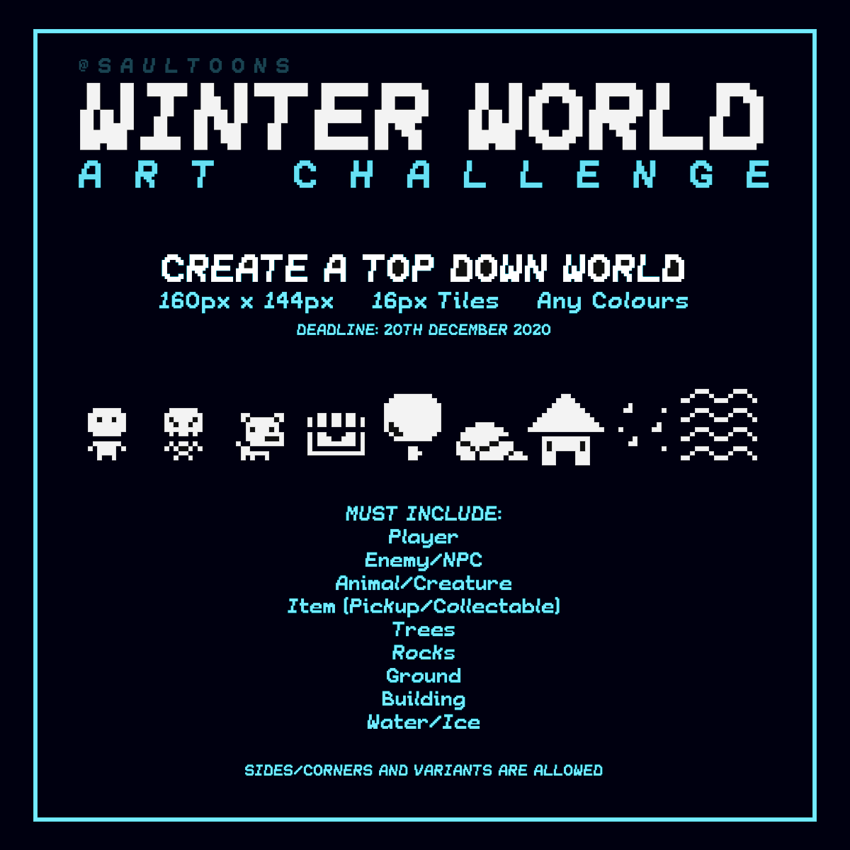Saultoons's tweet photo. ❄️WINTER WORLD CHALLENGE❄️

Check out the images below for full details.

Post your submissions on twitter using #MyWinterWorld or in the Discord https://t.co/sAeYxGfg6Y

I'll be sharing entries on this thread and in a future video. 

I cant wait to see yours!

#pixelart #gamedev https://t.co/UyzDpeobMO