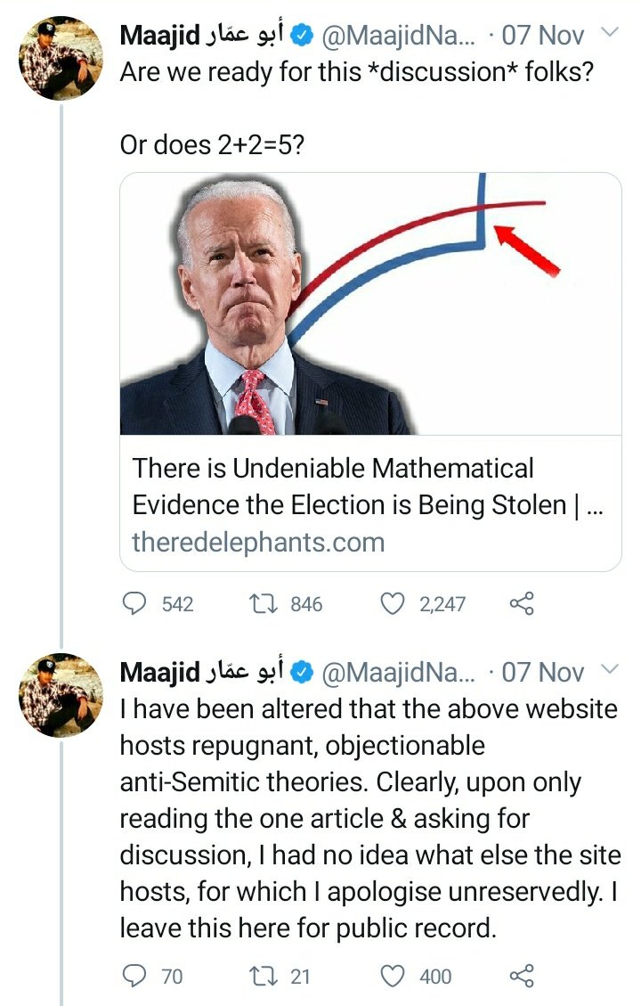 I fear frequency of repeated mistake of sharing extreme, repugnant sources is a direct byproduct of MN expressing loss of all faith in mainstream coverage of the election ("the borg"). So is relying on fringe sources + seems minded to ignore/dismiss all scrutiny of those sources.