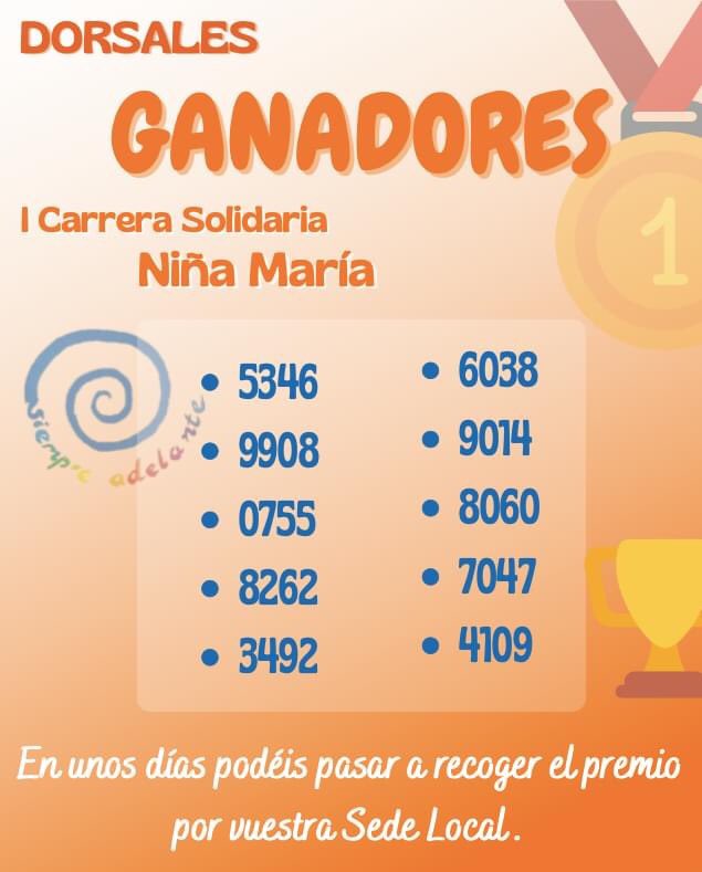 🧡 ¡Viva La Niña María! ¡Y viva la generosidad de tantas, y tantas personas que habéis participado en la carrera solidaria🏃🏽‍♂️!

Os dejamos los dorsales ganadores en la siguiente imagen.🏆 ¡En unos días podéis recoger vuestro premio en vuestra sede local!
