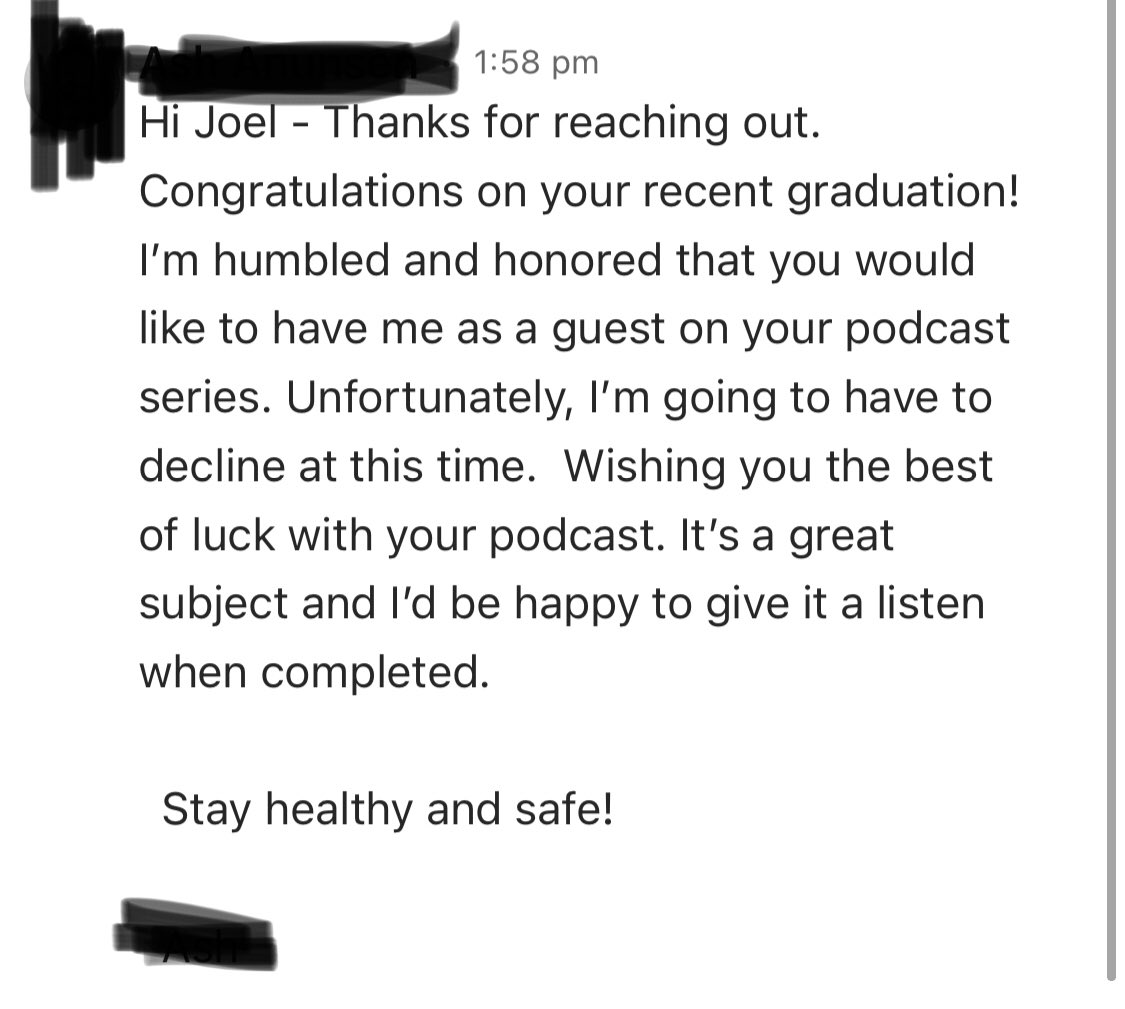 Kind, honest, direct. They didn’t even give a reason here, but I still appreciated it.Kind: “congratulations on your graduation!”Clear: “I’m going to have to decline”Alternative: “I’d be happy to give it a listen when completed”This was good for me to hear.