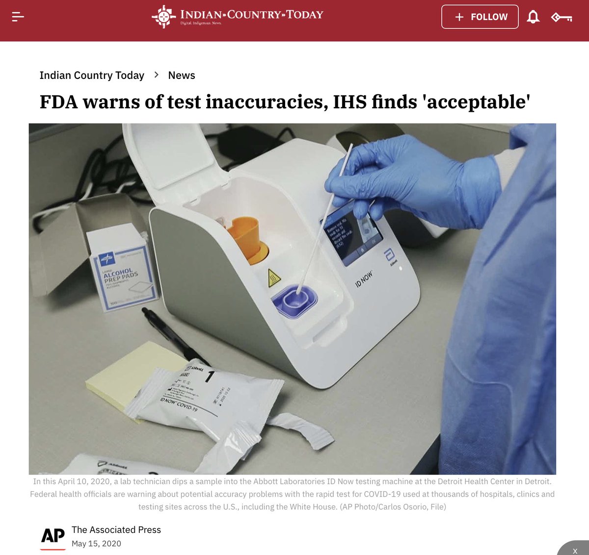 Furthermore: why did HHS deem it appropriate to effectively circumvent the FDA by instructing IHS continue using the Abbott ID NOW system as-is? https://indiancountrytoday.com/news/fda-warns-of-test-inaccuracies-ihs-finds-acceptable-r-44VHfUGkG8NFYVVwhgFw