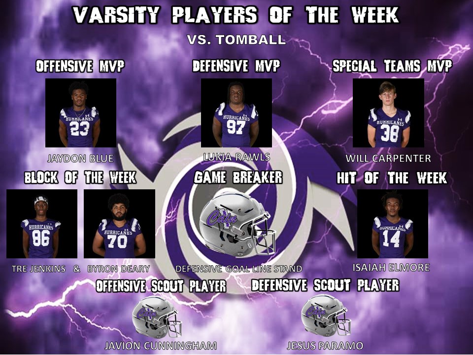 KLEINCAINFB's tweet photo. Congratulations to @JaydonBlue @LukiaRawls Will Carpenter @TrevionJenkins @Byron70Deary @IsaiahElmore5 on their Player of the Week performances against Tomball #REIGNCAIN #STORMSURGE2020 #STORMVISION2020 #1and0 https://t.co/FFjmN4LuxU