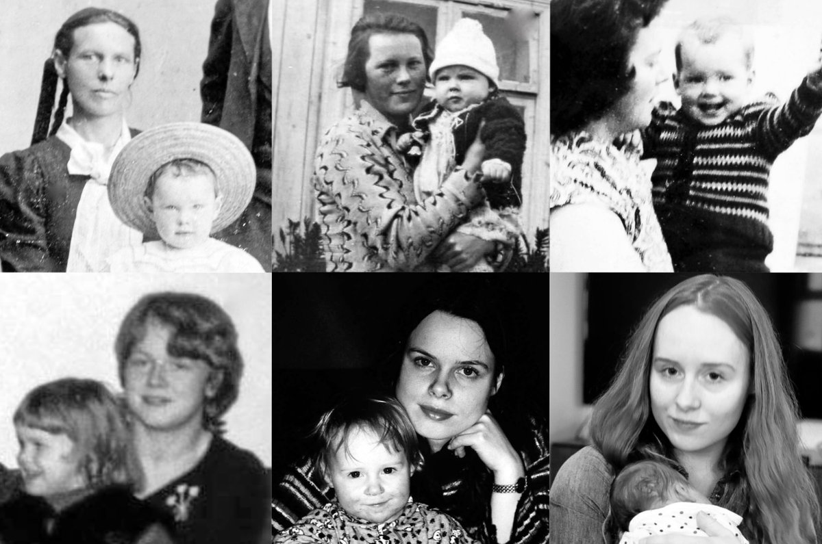 nannaro's tweet photo. Seven generations, straight female line; six pairs of mothers and daughters, from my great-grandmother Valgerður (born 1867) to my great-granddaughter (yet unnamed, born last week). That's me in the third and fourth photo. #FemaleLine #mothersanddaughters https://t.co/eLZ2F5dgJL