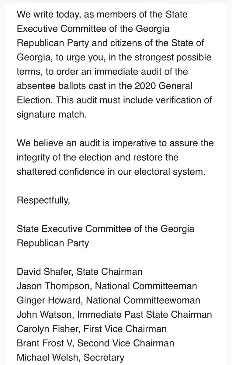 Now the  @GaRepublicans leadership gets in on the action, with a letter making the same impossible demand — “an immediate audit of the absentee ballots cast in the 2020 General Election. This audit must include verification of signature match.”  #gapol