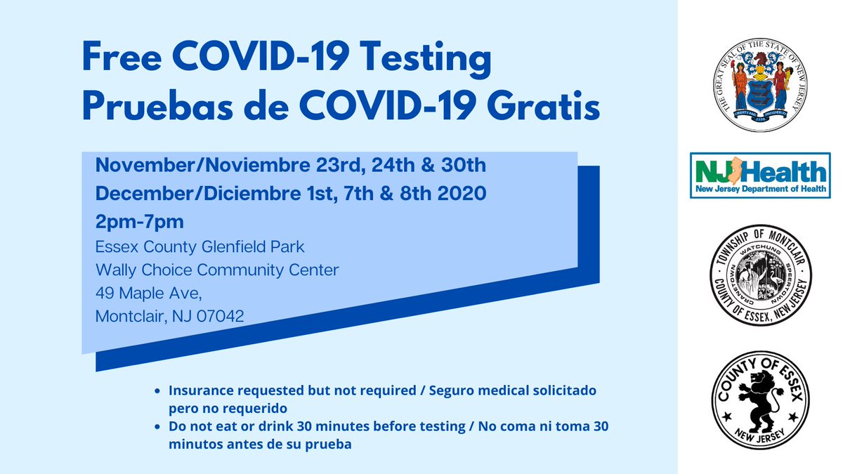 GovMurphy's tweet image. FREE #COVID19 TESTING IN MONTCLAIR:
PRUEBAS GRATIS DE #COVID19 EN MONTCLAIR:
✅November/Noviembre 23rd &amp;amp; 24th
✅2:00 PM to 7:00 PM
✅Open to all – first come, first serve! Abiertos a todos! 
✅Essex County Glenfield Park, Wally Choice Community Center

#TestTraceThrive