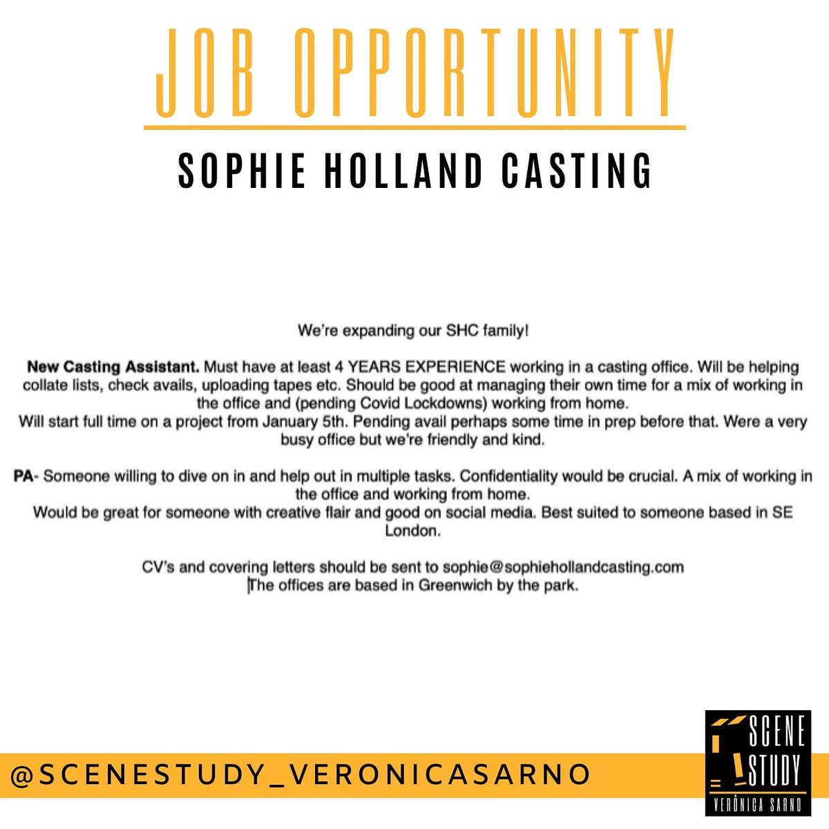 scenestudy_vs's tweet photo. Job opportunity at @SophHollandCast
#pa
#castingassistant
.
#jobopportunity #casting #greenwich #london #UK
#office #castingdirector #jobs #castingoffice https://t.co/x0oojuBT4U