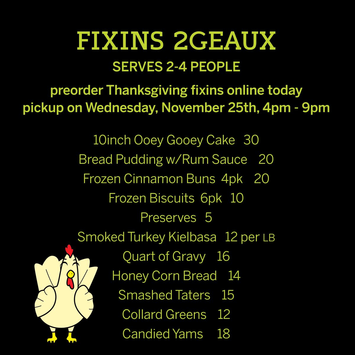 ToutantBuffalo's tweet photo. Alright all you turkeys! Today’s the last day for Thanksgiving Fixins2Geaux pre-orders! “Orange” you glad we built it around smaller family portions of 2-4ppl? Lots of options, just swipe!!>>>>>>>>> #2Geaux https://t.co/9GZ7wbaSYE