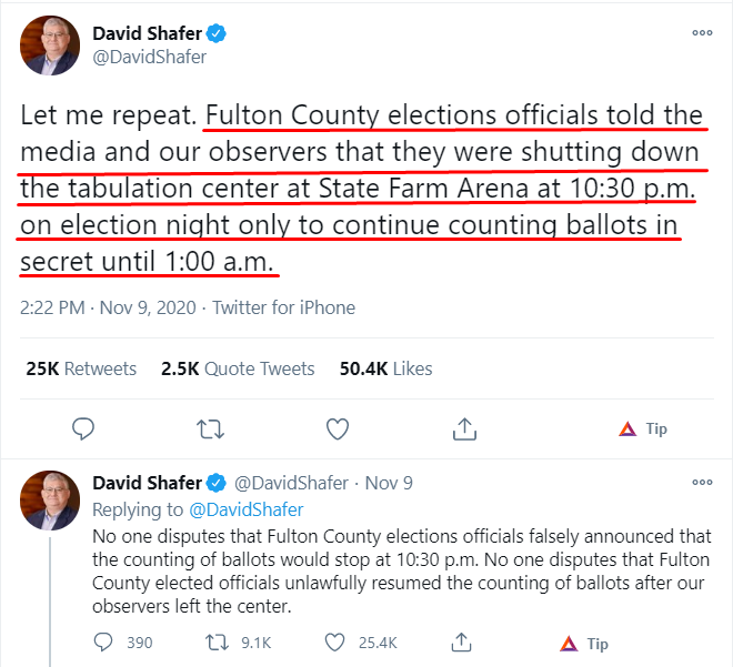 CORROBORATING EVIDENCEFulton County election officials shutdown the State Farm Arena tabulation center at 10:30PM on election night only to continue counting ballots in secret until 1:00AMThis 98% of a 23,487 batch of votes was uploaded for Biden at 12:18AM EST on Nov 4