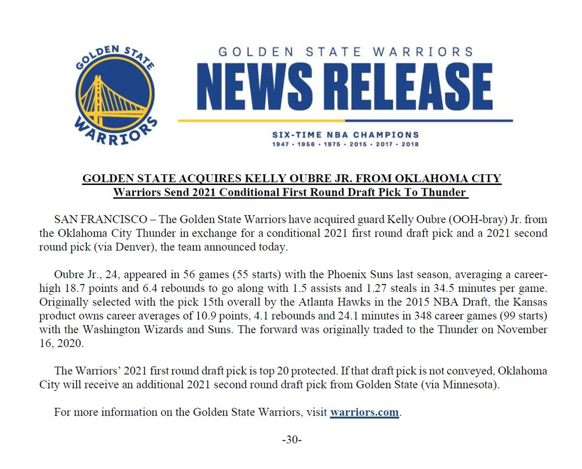 Warriors Pr On Twitter Golden State Acquires Kelly Oubre Jr From Oklahoma City