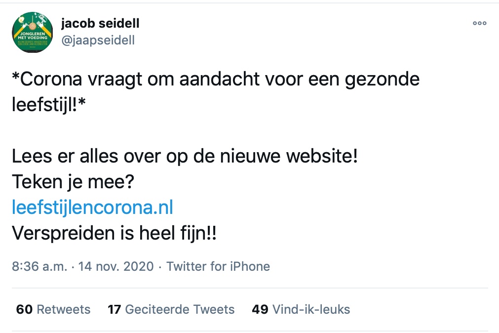 tijdvooreten's tweet photo. Wat is het verschil tussen de Preventie obesitas/Covid19 gezondere leefstijl aanpak van #Leefstijlencorona (@jaapseidell) en de Preventie obesitas/Covid19 gezondere leefstijl aanpak van de stichting @JOGGNL, de #YouthHealthCommunity? Werken de #Preventieakkoord programma's samen? https://t.co/o8Iw018NUO
