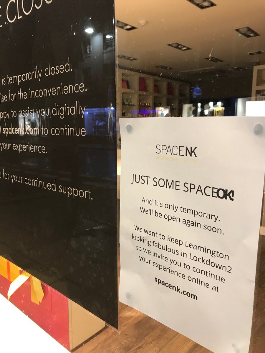 WordsmithUK's tweet photo. I’ve been adding some tone to town. I was fed up of seeing so many b&amp;w A4 printouts in shop windows with their lack lustre  ‘we’re closed’ messages. So I did something about it, and one week on they’re still up. Let’s get more creative esp with our indies 🖤 @LeamingtonGuide https://t.co/KtKU6cprZP