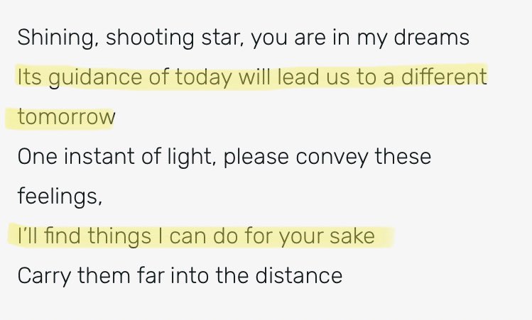 the song can very much be seen from killua's point view with gon being the shooting star. to killua, gon is a brilliant light he wants to follow and not only be more similar but also to remain close to; to change for the better in his own way and for both of their sakes.