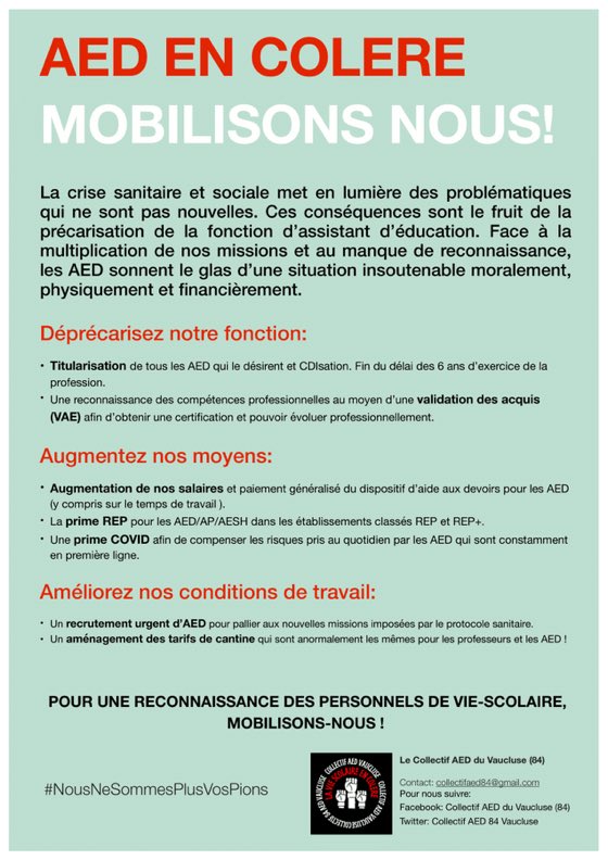 AedVaucluse's tweet photo. En un week-end une cinquantaine de Collectif AED ont éclos sur les réseaux sociaux en vue de la grève des AED du 1er décembre ! #nousnesommesplusvospions @laprovence @bleuvaucluse @LeDLVaucluse @France3Provence https://t.co/67zfvaaagr
