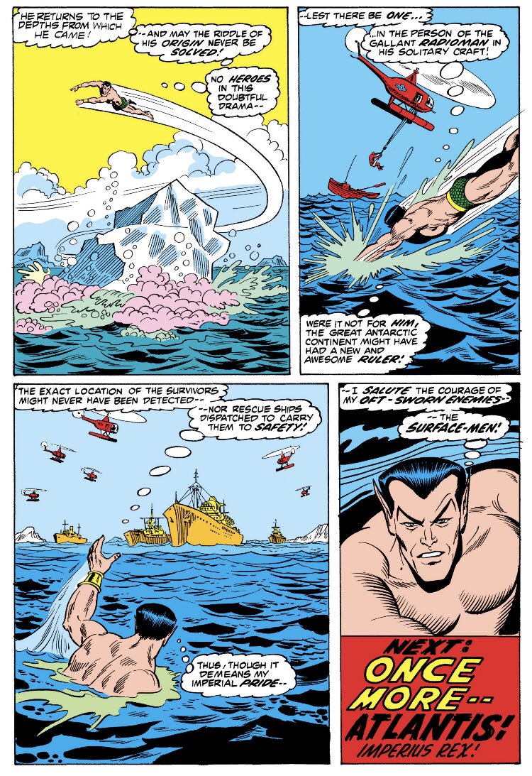 Oddly enough, we end on a page that I definitely don't think was inked by Everett. Deadline issues? Who's to say? The script sticks the landing, though, as Namor privately acknowledges the landlubbers' moxie. A solid ending to a highly enjoyable comic book.