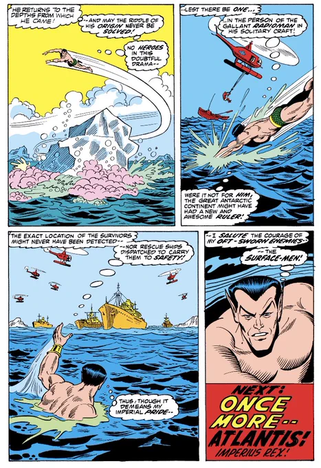 Oddly enough, we end on a page that I definitely don't think was inked by Everett. Deadline issues? Who's to say? The script sticks the landing, though, as Namor privately acknowledges the landlubbers' moxie. A solid ending to a highly enjoyable comic book. 