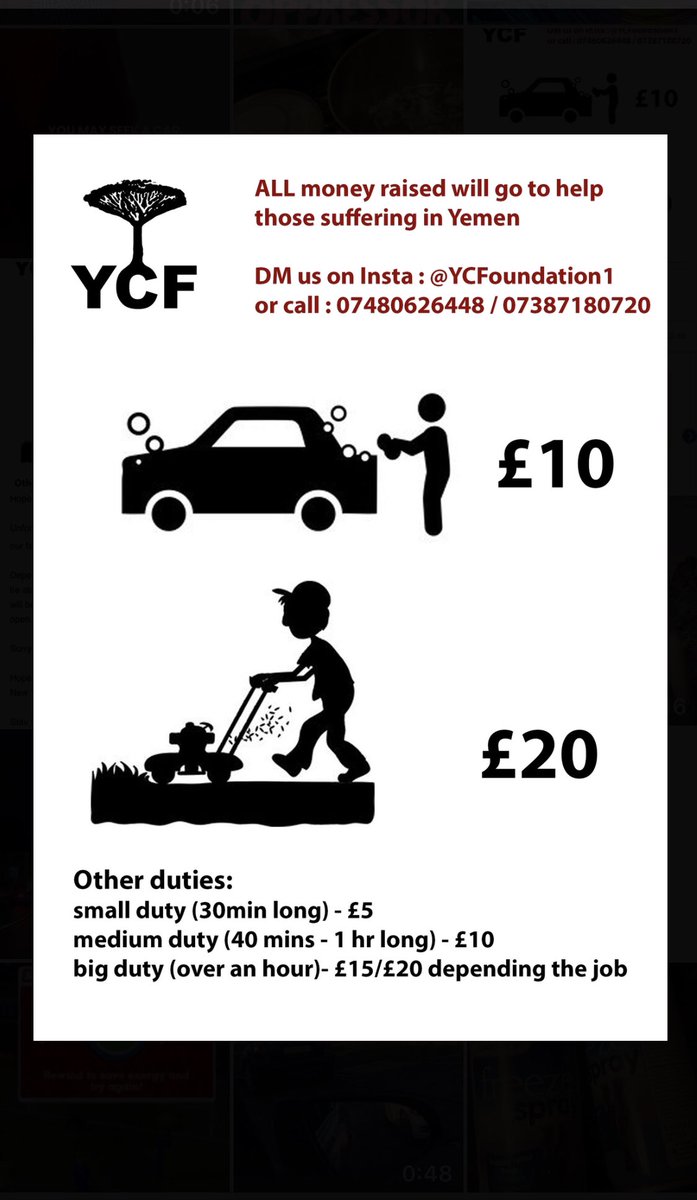 Recently we’ve been struggling to raise money for yemen and have come up with an idea of raising money by little jobs. Instead of paying profitable businesses, you can pay us to do it and also help the starving people of Yemen. Please dm us or call us for bookings or enquires.