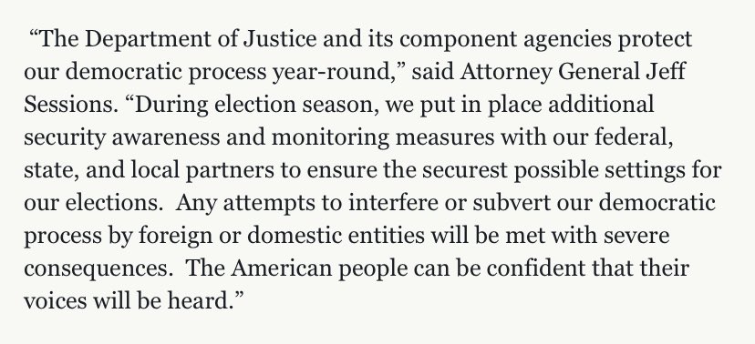 Department of Justice 2018 Election Security Fact Sheet“Foreign and Domestic entities” https://www.justice.gov/opa/pr/department-justice-2018-election-security-fact-sheet