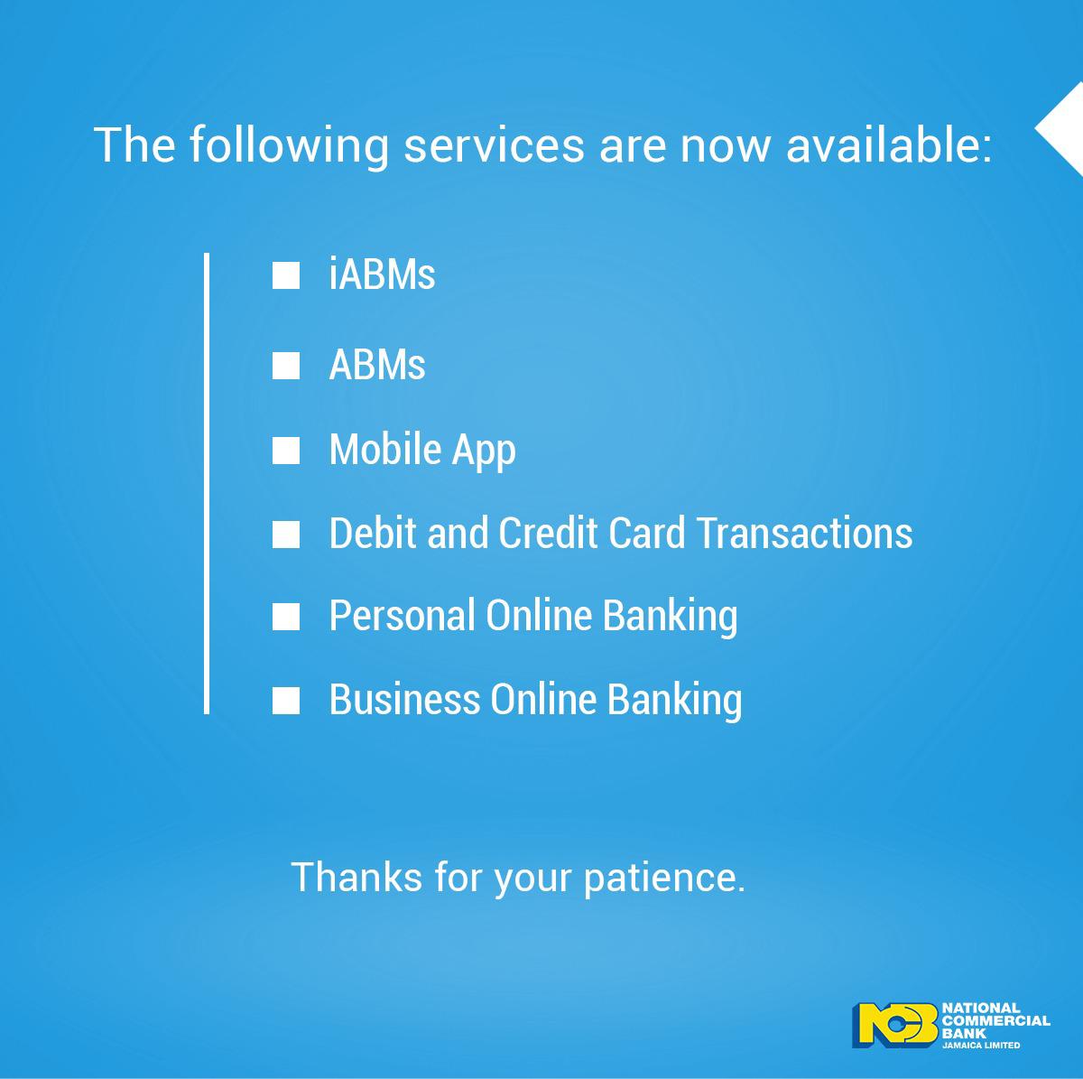 ncbja's tweet photo. Please be advised that our #security maintenance #update is now complete. The following services are now available: Mobile App, ABMs and iABMs, Personal & Business Online Banking, and Debit and Credit Card Transactions.
Thank you for your patience.
#ncbupdate https://t.co/5WrucCpiH6