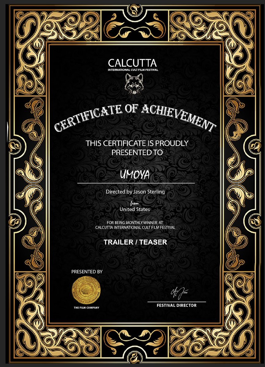 JSFilms3's tweet image. UMOYA WINS ANOTHER 6 FILM AWARDS IN INDIA!!!

The Awards are climbing as the UMOYAMANIA is beginning to grow around the world! UMOYA took top honors again with winning 6 Awards at the CALCUTTA INTERNATIONAL CULT FILM FESTIVAL in India!
We would like to thank the CICFF and INDIA!