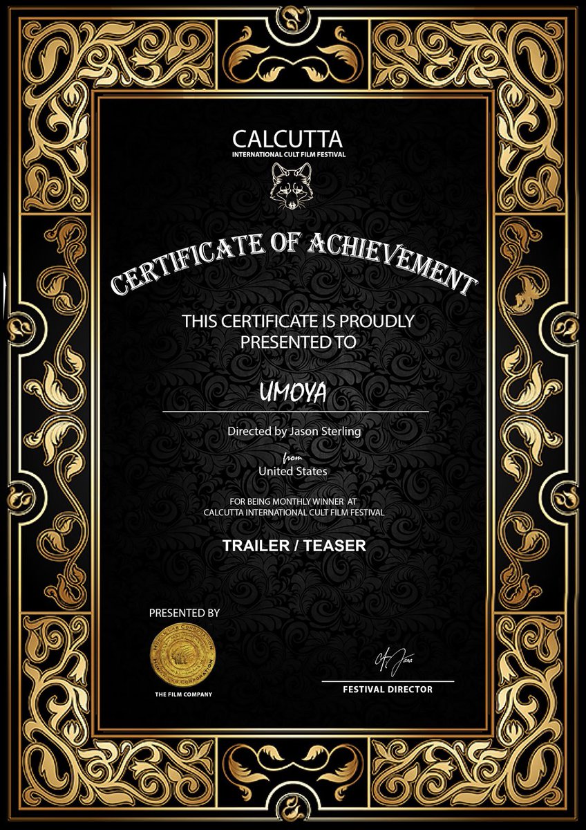 JSFilms3's tweet image. UMOYA WINS ANOTHER 6 FILM AWARDS IN INDIA!!!

The Awards are climbing as the UMOYAMANIA is beginning to grow around the world! UMOYA took top honors again with winning 6 Awards at the CALCUTTA INTERNATIONAL CULT FILM FESTIVAL in India!
We would like to thank the CICFF and INDIA!