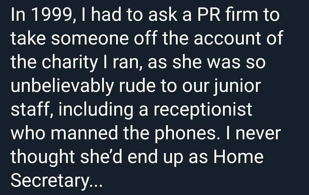 Lance63's tweet photo. This seems to make sense, @Conservatives @pritipatel did work for PR firm some years ago & apparently was "unbelievable rude to our junior staff"!
#PritiPatel #PritiPatelBullying
#Prittster https://t.co/FhvTB72Xf8