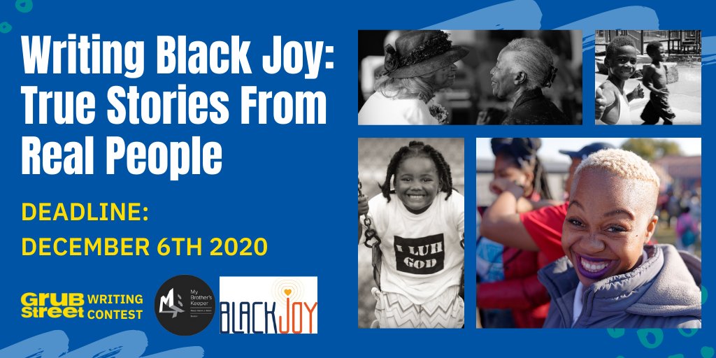GrubWriters's tweet photo. Submit your true stories to the #WritingBlackJoy contest by 12/6: https://t.co/Yfd2VzzsGw. We’re thrilled best-selling novelist @thrillkinson is judging this year. Winner receives $1000, 2nd place $750, and 3rd place $500. @MBKBoston @Sifublack https://t.co/YTJDHYpEqp