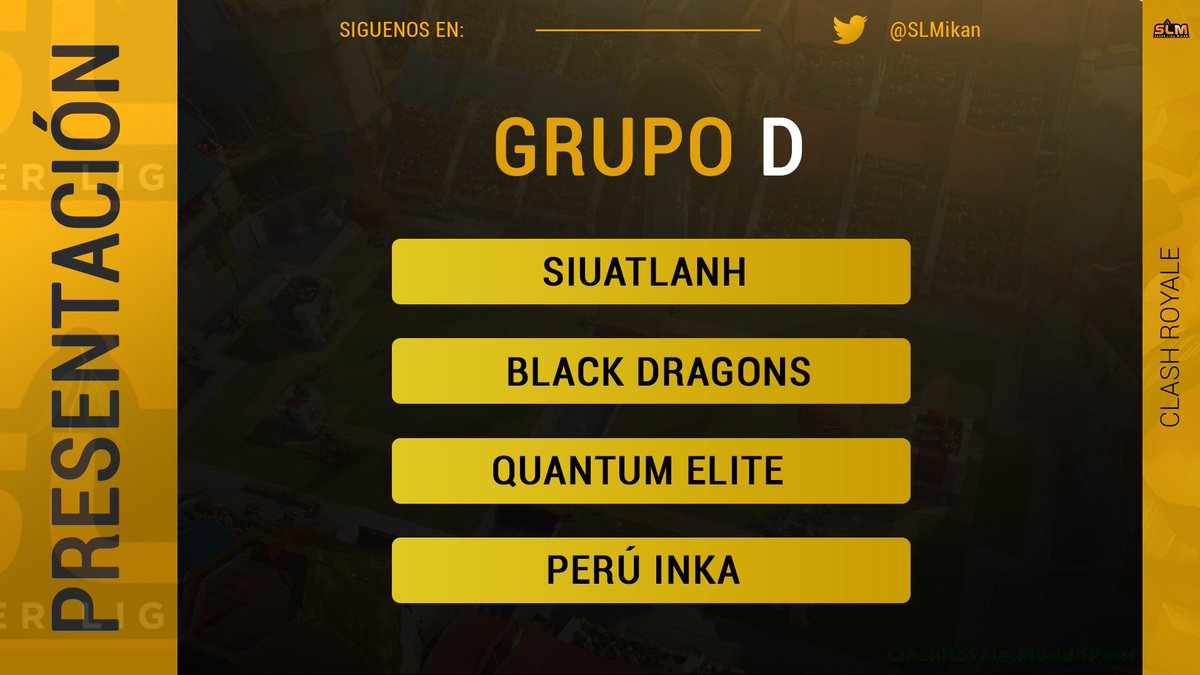 #SLM11va | ¡PRESENTACIÓN DE GRUPOS!

🍊GRUPO D

🇲🇽 <a href="/SiuatlanH/">SiuatlanH Esports</a>
🇬🇹 @BLACKDRAGONSGT
🇲🇽 <a href="/QuantumsElite/">Quantums Elite</a>
🇵🇪 <a href="/CrPeruInka/">PERÚ INKA</a>

🔥¿Qué equipos lograrán pasar a la Fase Final? 

#SLMIKAN🍊