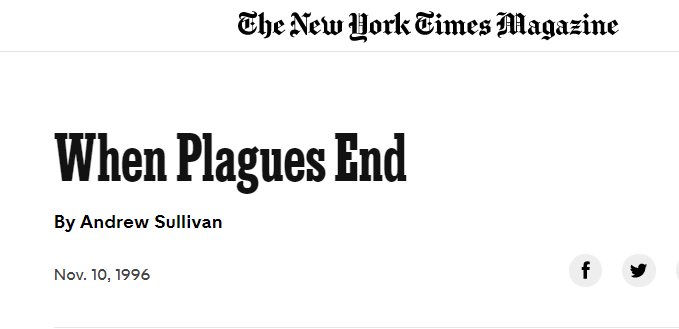 Also, this is your warning: I am going to be looking like a damn HAWK for any premature "End of COVID" headlines or framing *if* a vaccine starts rolling out anytime soon. Sullivan referred to the end AIDS in 1996 and, well, AIDS is still an ongoing pandemic.