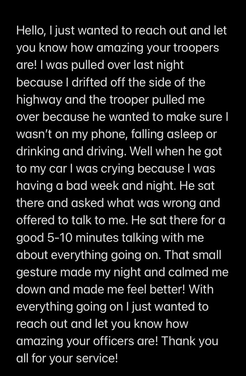 1 of the 8 MSHP core values is compassion. Troopers often find themselves speaking w/ citizens about various life circumstances.

View the pic below. A young lady was having “one of those days” where compassion was needed! 

No such thing as a routine traffic stop. #service #life