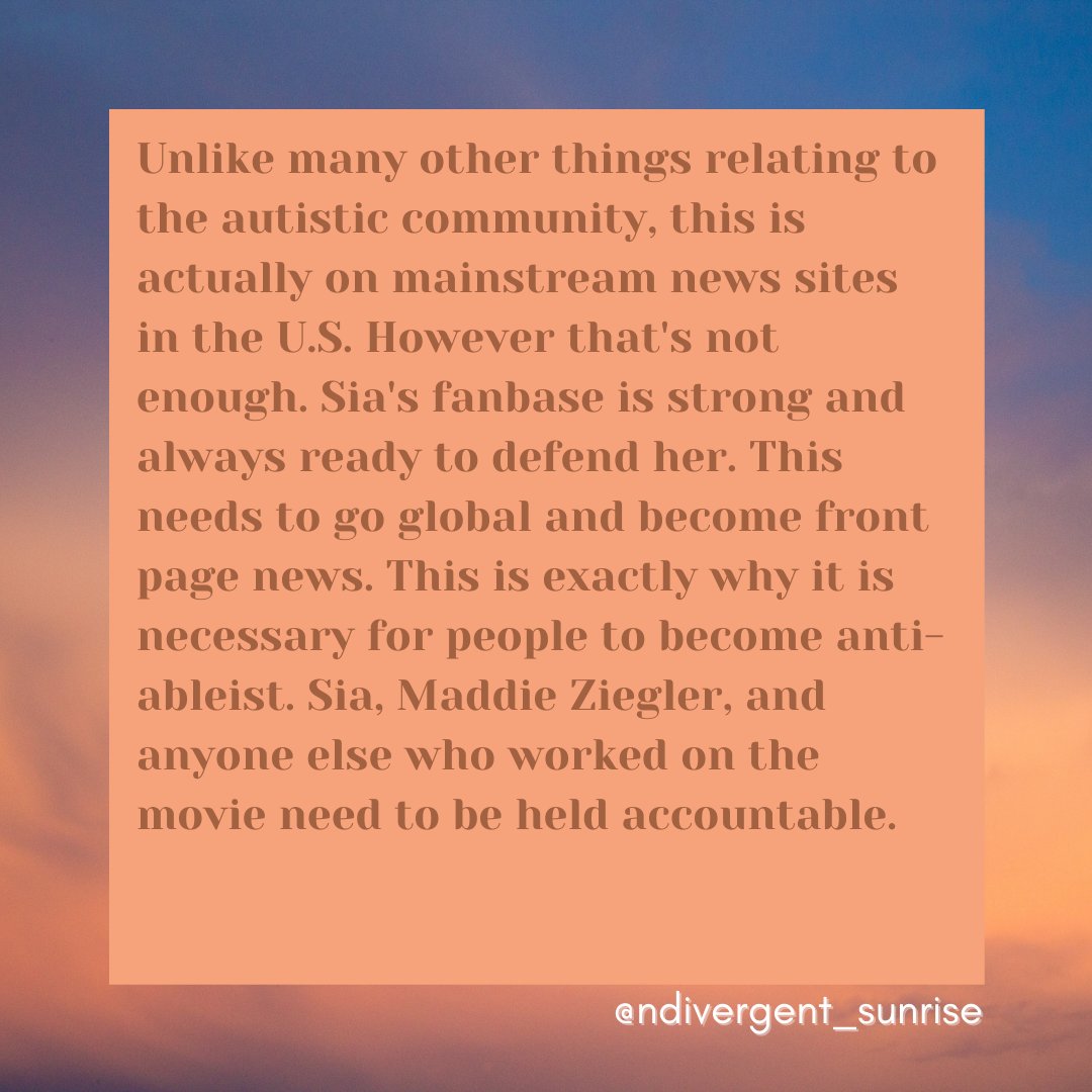ND_Sunrise's tweet photo. Everything her fans said remind me of all the ableist gaslighting that the community often has to endure. People like her along with her powerful fanbase is part of the reason why it's so hard to get decent representation. Make no mistake, what Sia did was completely intentional. https://t.co/jNg27zWuYC