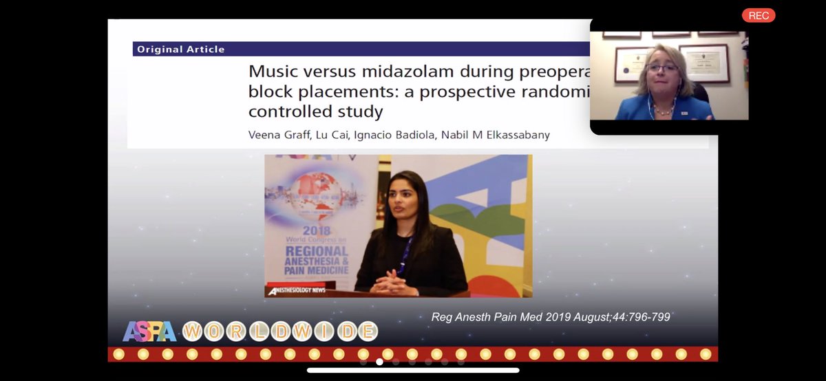 AmyPearsonMD's tweet photo. Yeah! @VeenaGraffMD highlighted by @RAPMOnline at the @ASRA_Society data blast!
Music 🎶 vs midazolam during preoperative blocks
#ASRAFALL20 #ASRAWORLDWIDE2020 https://t.co/uenPd9SyIb