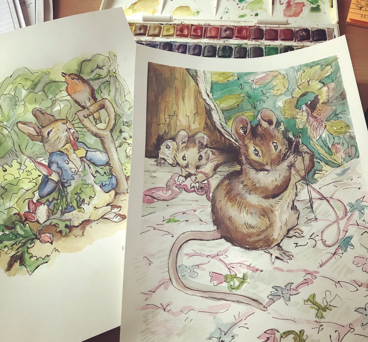 laylaclarkeliv1's tweet photo. Some Beatrix potter watercolour illustrations commissioned for a nursery and delivered this weekend. So exciting to paint and so satisfying to watch coming together. #creatives #illustration #watercolourillustration #thisisntwork #draweveryday #painterspleasure #artistsontwitter https://t.co/2godymfwxY
