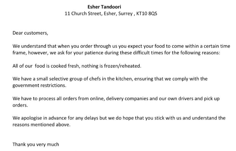 EsherTandoori's tweet photo. Our Statement after receiving numerous complaints from our customer over the weekends. We sincerely apologies for any inconvenience may have caused. We hope our customers will stay with us during this difficult times.#EsherTandoori #Esher #Sureey https://t.co/j4oAbLkNFG