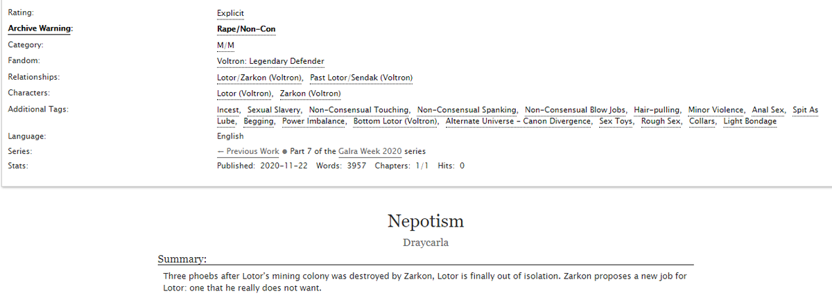 Fufushellhole's tweet photo. #galraweek #noncon #lokon #lotor #zarkon #incest 
https://t.co/x3Ij01rqCn
Nepotism 
E rated, see tags below

After the failure of Lotor's mining planet, Zarkon has a new job lined up for his pesky son.

I won't break tradition, please accept full problematic sexual slavery incest https://t.co/kVgnMTZJFe