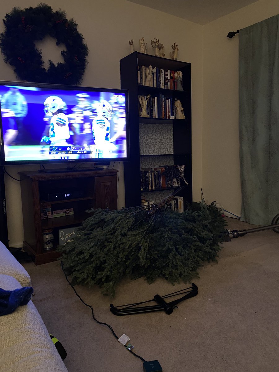 Jenn_Eason's tweet photo. Tree is in. One wreath is up. Shelves cleared for nativities. Cowboys on tv. #itsbeginningtolook https://t.co/QPEeXRs3Hj