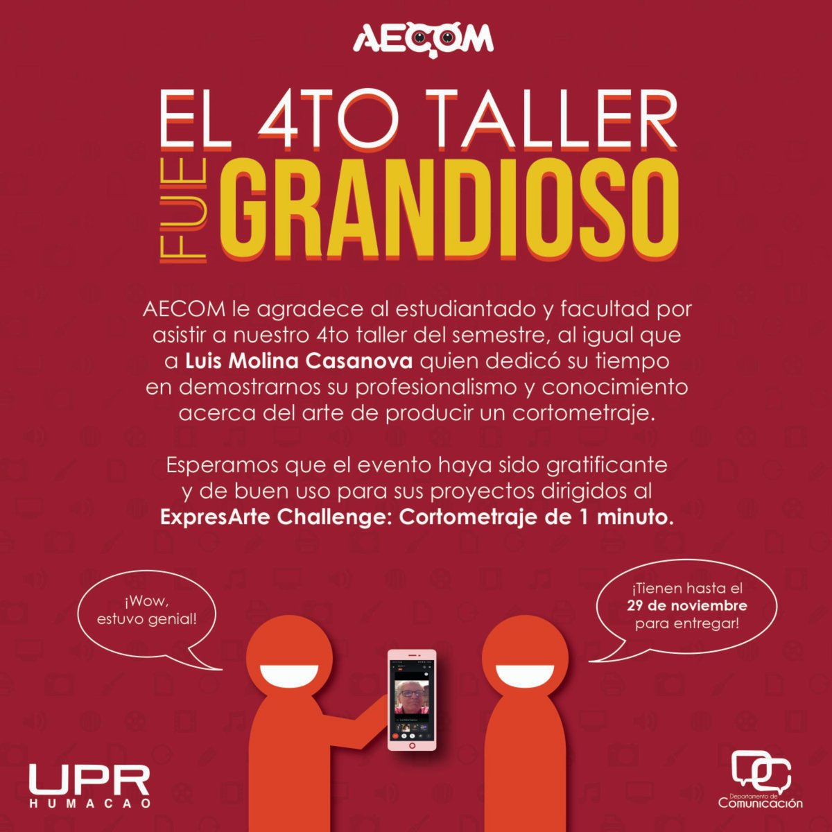 aecom_uprh's tweet photo. ¡El 4to taller fue un éxito! 🌟

Le agradecemos a todxs por asistir al 4to taller y al profesor y cineasta Luis Molina Casanova por convertir el evento en uno educativo y profesional. ¡Aprovechen lo aprendido para participar en el ExpresArte Challenge: Cortometraje de 1 minuto! https://t.co/r6dDBRtTr8