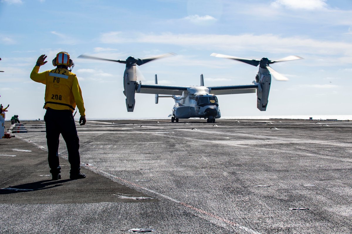 CVN70's tweet photo. CVN 70 and the “Titans” of Fleet Logistics Multi-Mission Squadron 30 made Naval Aviation history when they conducted the 1st Navy CMV-22B Osprey landings and take-offs from an aircraft carrier.  The team also conducted the 1st Navy Osprey carrier refueling. https://t.co/F2sX7cPX4b