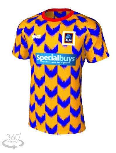 And finally...   @AldiUK:Everyone’s “second club” (but you never want to admit it). The home kit mirrors the staff uniform, whilst the away kit is straight from the middle aisle. Sehr gut.  #SupermarketShirts