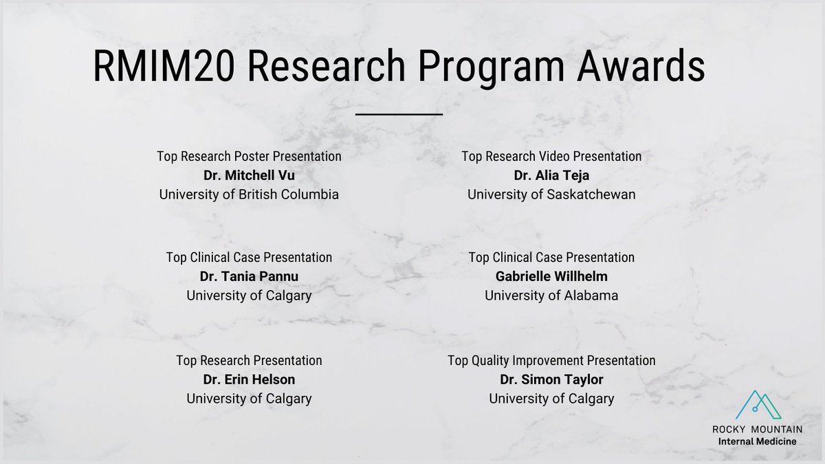 RockyMtnIM's tweet photo. Congratulations to the recipients of the #RMIM20 research program awards! #MedEd #MedTwitter #AcademicMedicine #ClinicalMedicine https://t.co/4ohVy3xalS