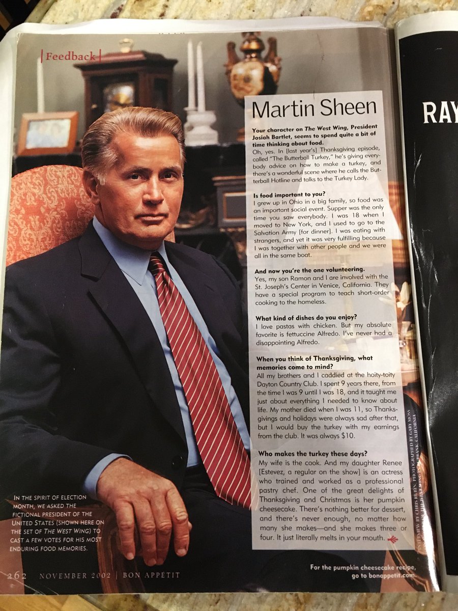 ellen_busteed's tweet photo. My “go to” for Thanksgiving prep is a November 2002 Bon Appetit. Interview with President Bartlet is such a treat #westwing #bonappetit https://t.co/nj8o7v8hM2