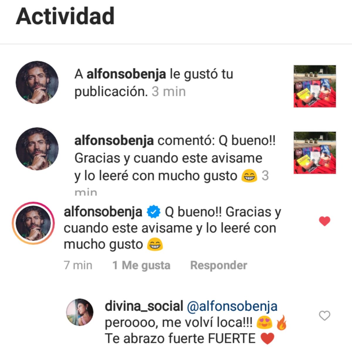 Naaaaaa, no doy más!!!!!! Resulta q le conté al genio de <a href="/alfonsobjamin/">BJammin</a>  q será el muso de mi próxima novela y se copó dejándome este mensaje inesperado y generoso en Ig 📚🙌 Amo estos regalos q tiene la escritura! No saben cómo estoy gritando por toda la casa! Gracias, Benja ♥️