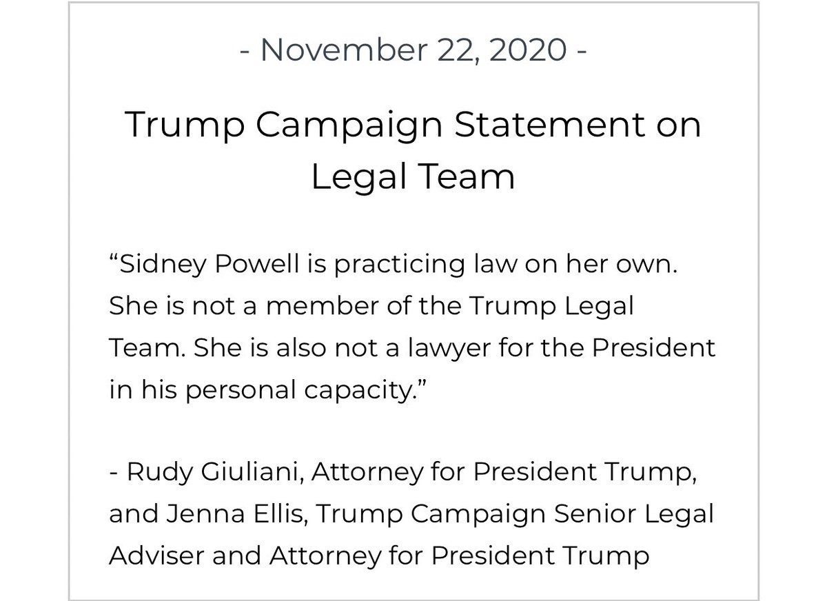 Wow. The Trump campaign has issued a statement saying that Sidney Powell is not associated with them. This comes after she’s been alleging some incredibly nonsensical stuff over the past week. But...the campaign had Powell on stage at their press conference earlier this week!