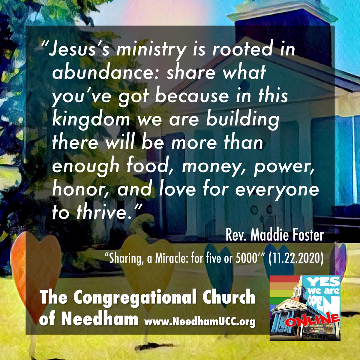 needhamucc's tweet photo. Watch this sermon from Rev. Maddie Foster for November 22 on how sharing turns scarcity into abundance, not just in Jesus' day but here and now.  Available at https://t.co/TlPbI4j5oO https://t.co/zlOzyDCJkr