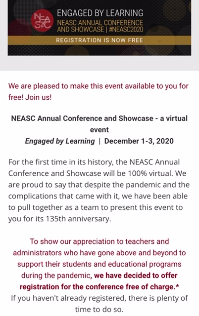 Superb showcase of great school practices and great people. All for FREE this year.  Dec 1-3. Join us. neasc.org/conference #neasc_cie